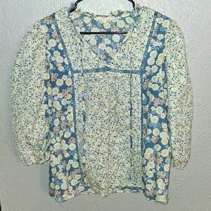 Solitaire Embroidered Eyelet Boho Floral 3/4 Puff Sleeve Top XL